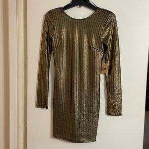 Stretchy metallic gold long sleeve mini dress